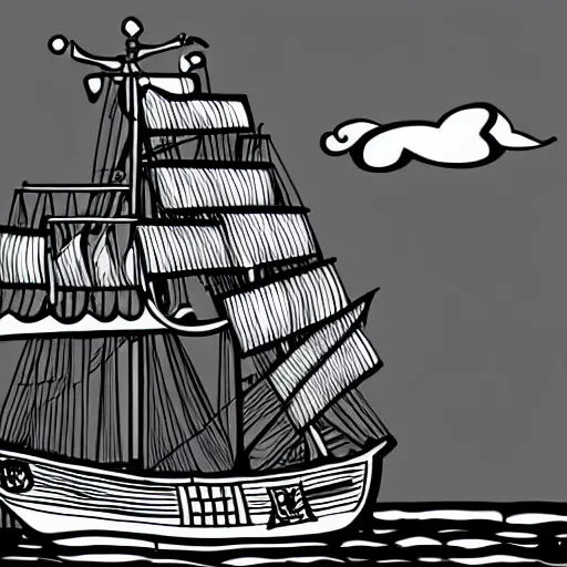 Prompt: black and white silhouette of a pirate ship digital art, clean line art