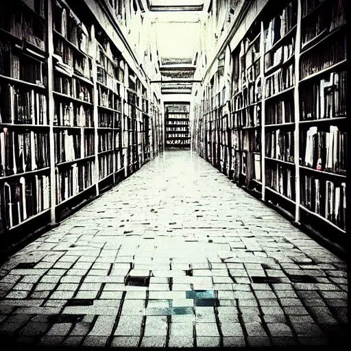 Image similar to “lost in a labyrinth that is Powell’s City of Books. Creepy liminal photo. Hyperrealistic, benchmark resolution photo”