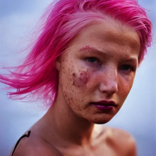 Image similar to a beautiful woman with pink hair and fair skin, portrait photograph, nikon 3 5 mm, photograph by annie leibovitz and steve mccurry,