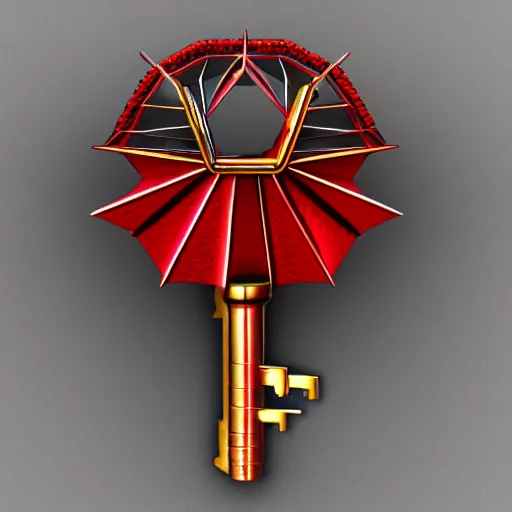 Prompt: a 3d game object of the metal key for the cage that has shape of the dragon and large red diamond in it, it is very detailed, on the white background, rpg game inventory item