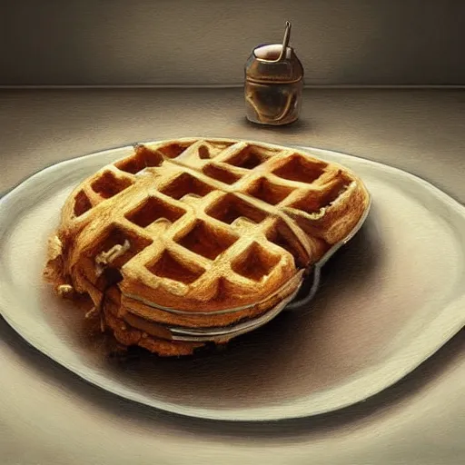 Image similar to hyperrealistic mixed media high resolution painting of an angry sentient waffle, stunning 3d render inspired art by István Sándorfi and Greg Rutkowski and Unreal Engine, perfect facial symmetry, dim volumetric lighting, 8k octane beautifully detailed render, full body shot, post-processing, extremely hyper-detailed, intricate, epic composition, highly detailed attributes, highly detailed atmosphere, cinematic lighting, masterpiece, trending on artstation, very very detailed, masterpiece, stunning, flawless structure, lifelike texture, perfection,