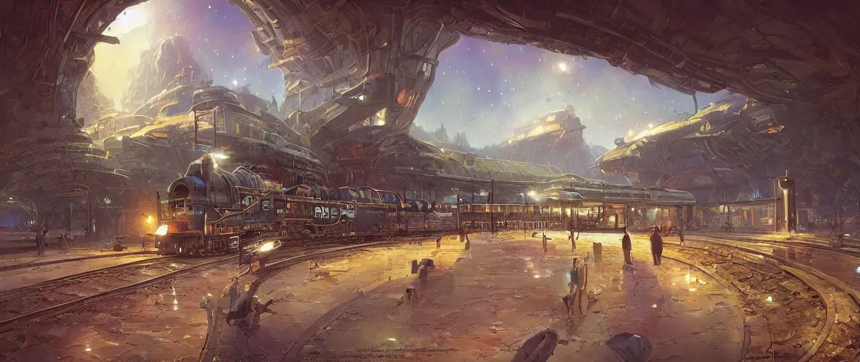 Prompt: A beautiful illustration of a retro futurism train station on another world by greg rutkowski| thomas kincade:.2 | Tim white:.3 | Rodney Mathews:.5 | Graphic Novel, Visual Novel, Colored Pencil, Comic Book:.2