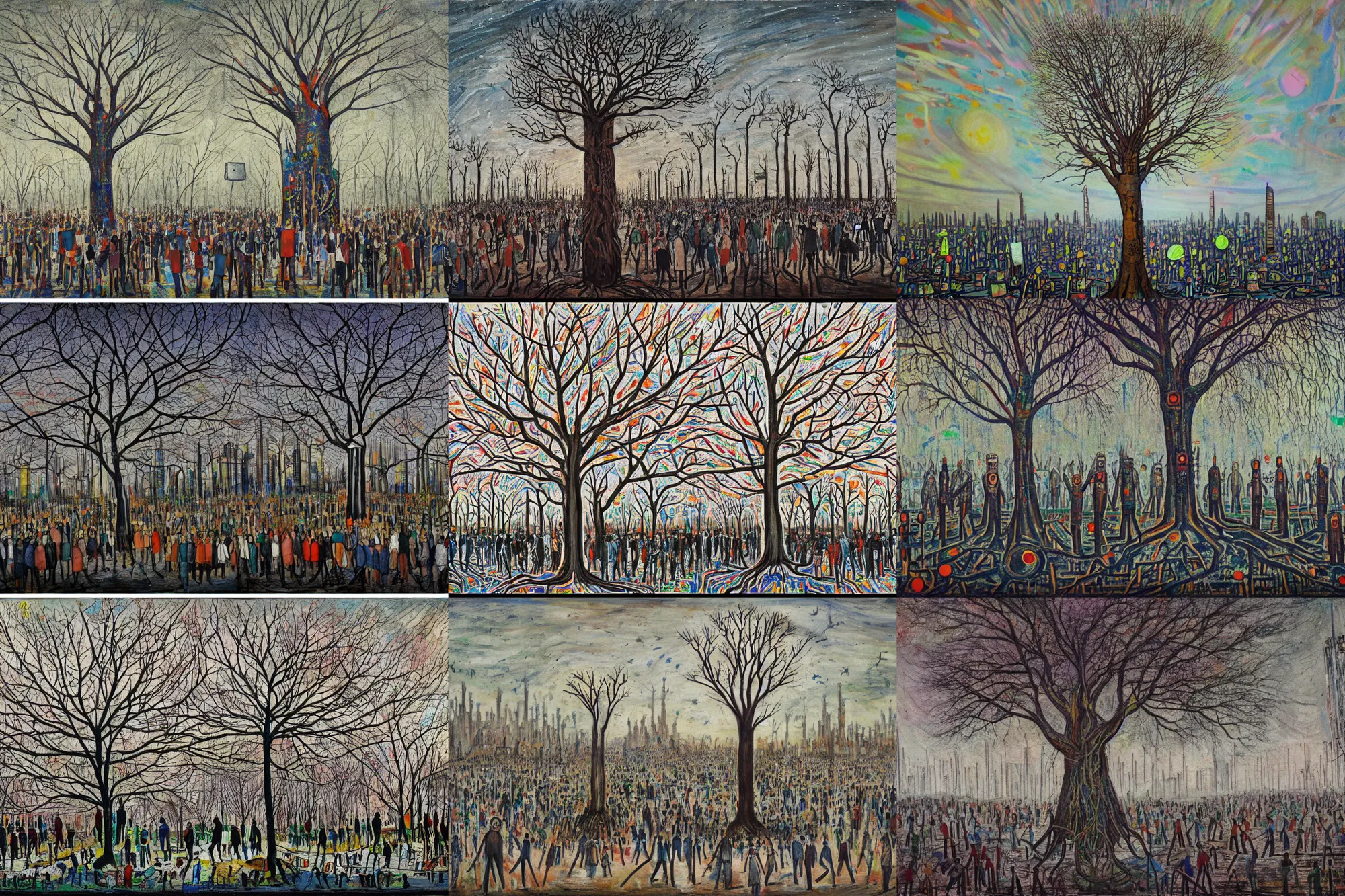 Prompt: an illustration of the last remaining tree of a ravaged planet earth, exhausted anguished defenders, surrounded by dystopian robot city riots, diseased cult leaders holding branches, by L S Lowry, psychedelic color scheme, oil on canvas, trending on artstation, HD, 4K