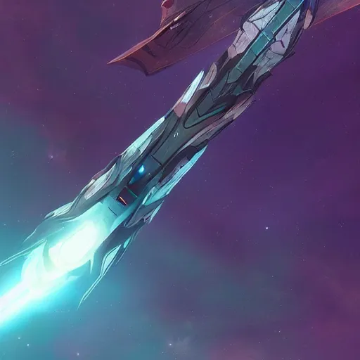 Image similar to concept art of a large space vessel in the shape of an spear flying through the space, scifi, beautiful ilumination, artstation hq