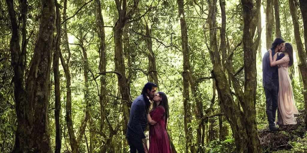 Prompt: kareena kapoor and arjun rampal kissing in a forest, natural lighting, hyper detailed, photographic, cinematic lighting, studio quality.