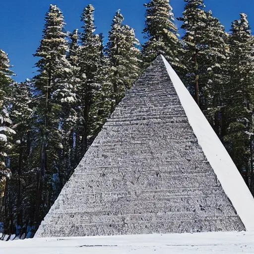 Image similar to a monolithic pyramid in a taiga next to a snowcapped mountain.