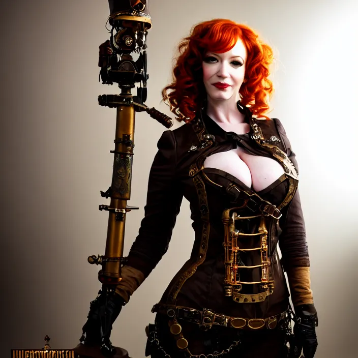 Image similar to full length photograph of a real-life christina hendricks as a steampunk warrior, Extremely detailed. 8k