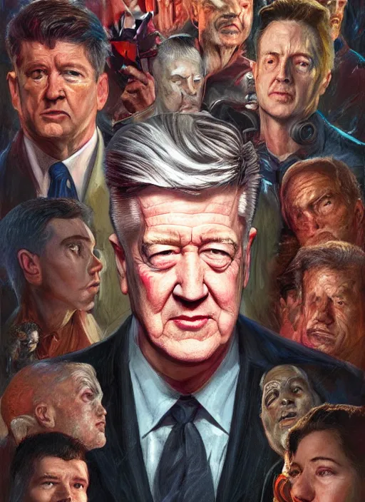 Image similar to portrait of david lynch in the marvel cinematic universe, official media, official poster artwork, highly detailed, centered, solid color background, digital painting, artstation, concept art, smooth, sharp focus, illustration, donato giancola, joseph christian leyendecker, les edwards, ed repka, wlop