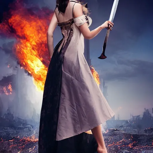 Prompt: a beautiful and elegant girl in a torn dress holding a sword against the background of a burning city, finale fantasy