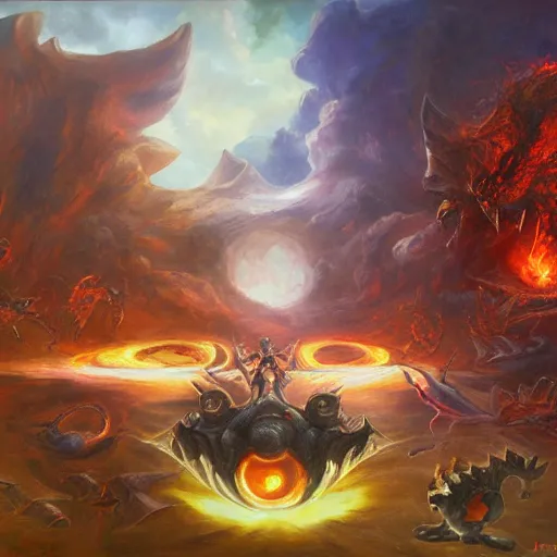 Image similar to detailed wide shot of pokemon battle elden ring doom eternal intricate, hyper detailed, realistic, oil painting, by julie bell, frank frazetta, cinematic lighting