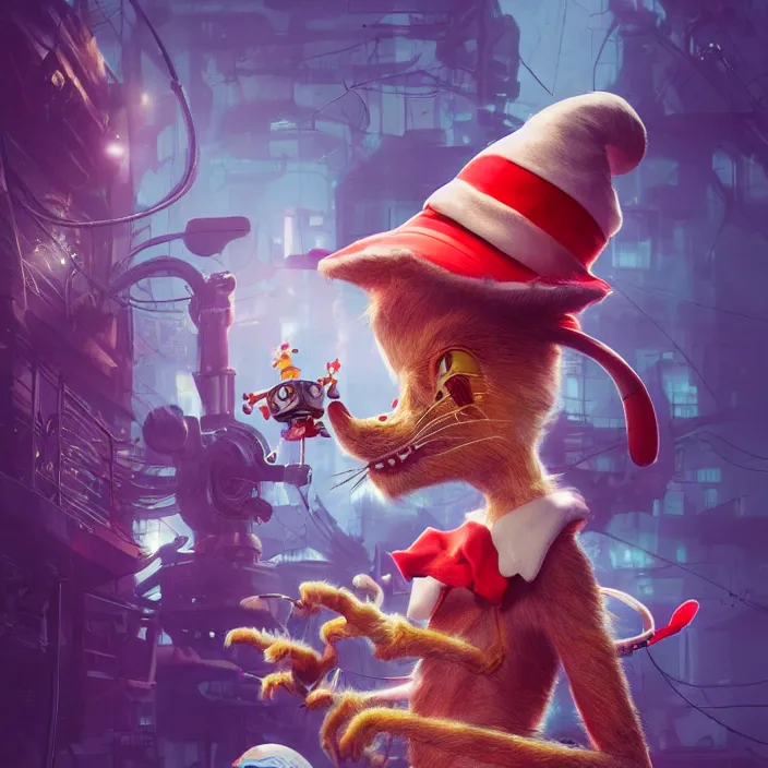 Prompt: complex 3 d render, hyper detailed, ultra sharp, robot cat in the hat, scary, neon, cinematic, steampunk, natural soft light, rim light, octane render, artstation, art by artgerm and greg rutkowski and alberto seveso, dr seuss