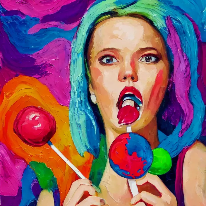 Image similar to portrait of beautiful woman licking a lollipop painted with colorful gouache impasto