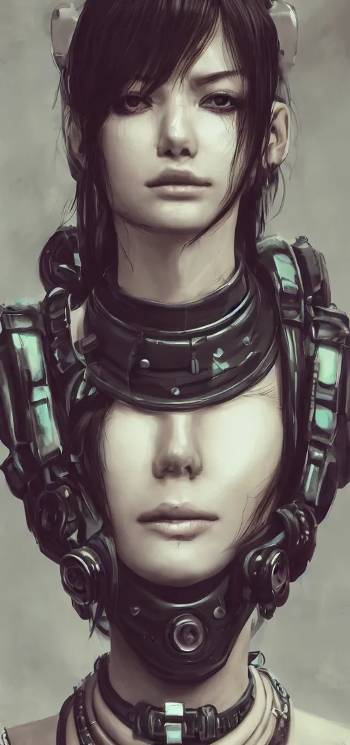 Image similar to detailed realistic female character cyberpunk wearing thick technological collar around neck, realistic, art, beautiful, 4K, collar, choker, collar around neck, punk, artstation, detailed, female, woman, choker, cyberpunk, punk, collar, choker, collar around neck,