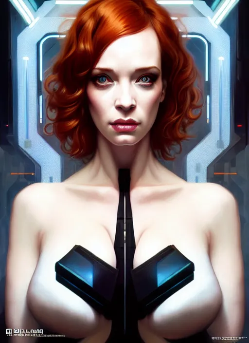 Image similar to symmetrical!! upper body!! bladerunner cyberpunk portrait of christina hendricks, beautiful face, highly detailed face!!!, extremely detailed!, digital painting, unreal engine 5, art by artgerm and greg rutkowski and alphonse mucha