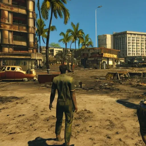 Image similar to Waikiki Beach, Honolulu in ruins post-nuclear war in Fallout 4, in game screenshot