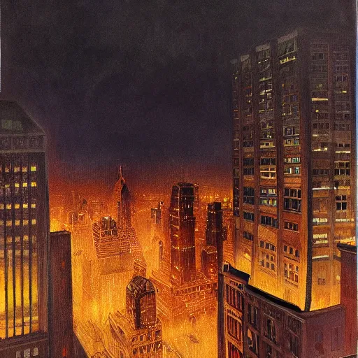 Image similar to photorealistc full - color painting of a nightmarish boston downtown skyline in 1 9 2 5 at night with a horrifying sky, aerial view, dark, brooding, night, atmospheric, horror, cosmic, ultra - realistic, smooth, highly detailed by dave dorman