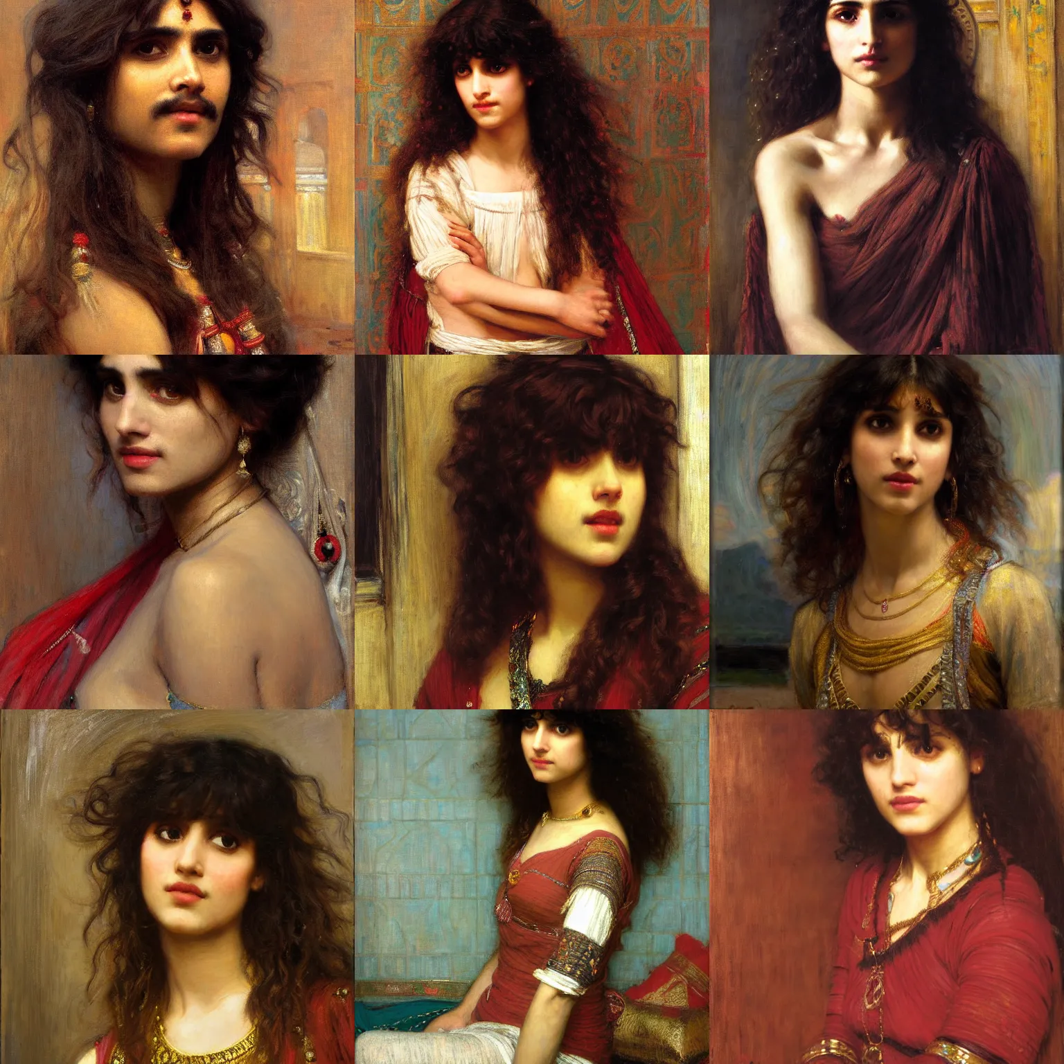 Prompt: bangs curly Indian Persian orientalist portrait by john william waterhouse and Edwin Longsden Long and Theodore Ralli and Nasreddine Dinet, oil on canvas. Cinematic, hyper realism, dramatic lighting, high detail 8k