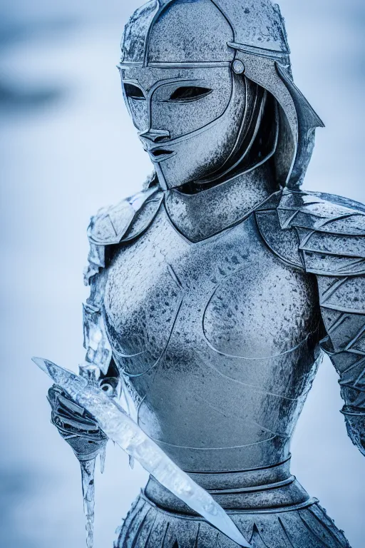 Image similar to a sculpture of female knight made of ice, symmetry, cinematic, elegant, luxury, perfect light, perfect composition, dlsr photography, sharp focus, 8 k, ultra hd, sense of awe, highly detailed, realistic, intricate