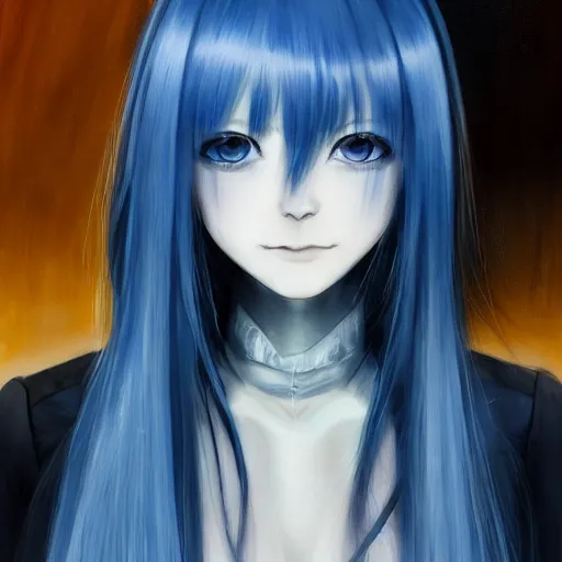 Image similar to full face shot of rimuru tempest, sky blue straight hair, long bangs, with amber eyes, wearing a fancy black jacket, high collar, ultra detailed, brush strokes, digital painting, cinematic, wlop artstation, closeup, pixiv, eerie, scary, intimidating glare, evil, yoshitaka amano, junji ito,