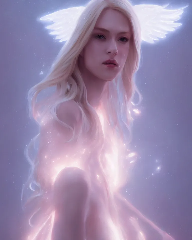 Image similar to portrait of a blonde fantasy goddess, white elegant clothing, glowing aura, angel wings, artstation, 4 k, greg rutkowski, concept art, matte painting