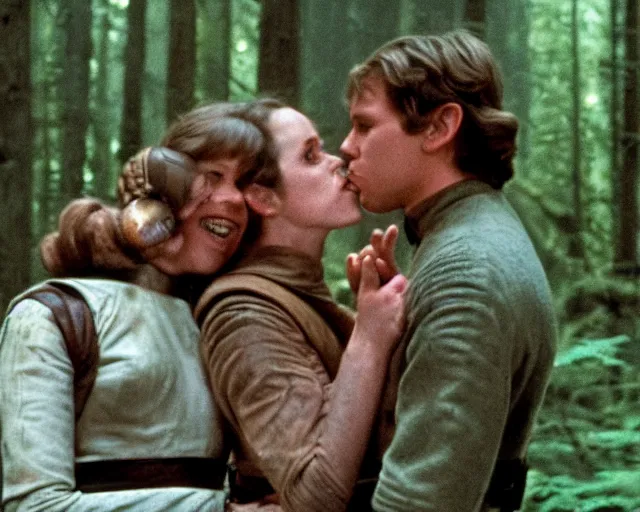 Image similar to luke skywalker, princess leia and han solo hugging and kissing in the forest of endor at the end of return of the jedi