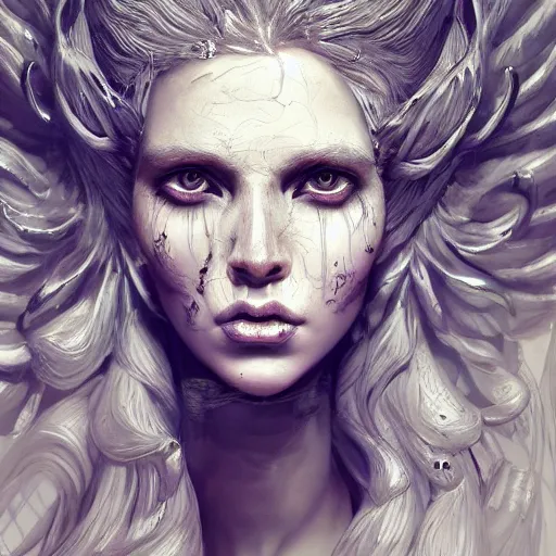 Image similar to female angel queen head portrait，white skin，beautiful，long hair，hyper details, black metal rococo, sculpted by Alex Alice, Craig Mullins, yoji shinkawa, trending on artstation, beautifully lit, Peter mohrbacher, hyper detailed, elite, elegant, luxury, ray of light through smoke, CGsociety, hypermaximalist, golden ratio, neofuture, volumetric, octane render, weta digital, micro details, 3d sculpture