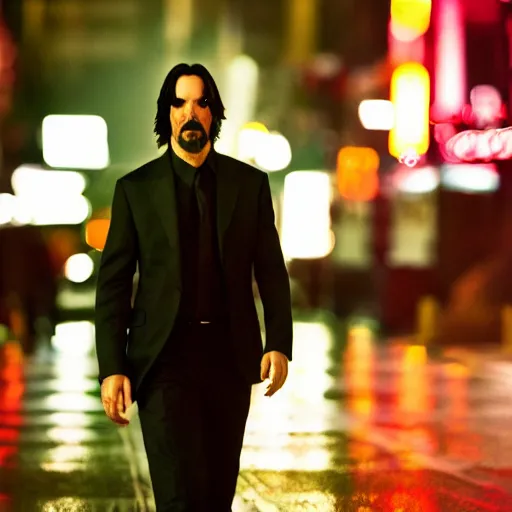 Image similar to a still of Keanu Reeves. Shallow depth of field. City at night in background, lights, colors ,studio lighting, mood, 4K. Profession photography