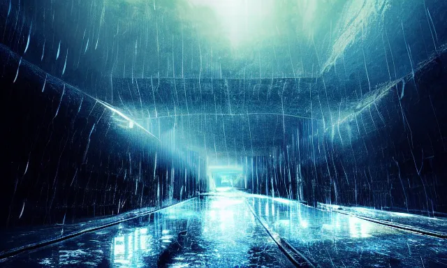 Prompt: beautiful photograph of a vertical tunnel made of raindrops in the blue sky, end of the world, desolate land, highly-detailed, fantastic, dramatic lighting, artstation, 4k