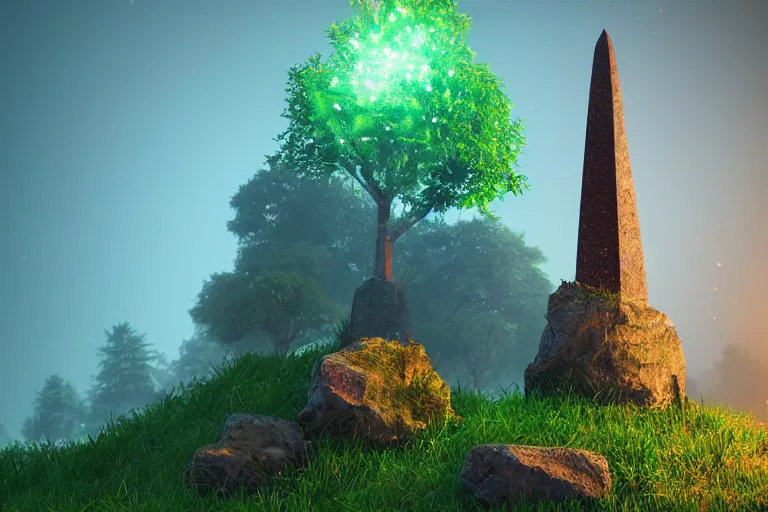 Image similar to super detailed color lowpoly art, thick overgrown forest grove, ancient stone obelisk featuring subtle glowing magic runes, emitting soft nature magic particles, unreal engine, retrowave color palette, 3 d render, lowpoly, colorful, digital art, perspective