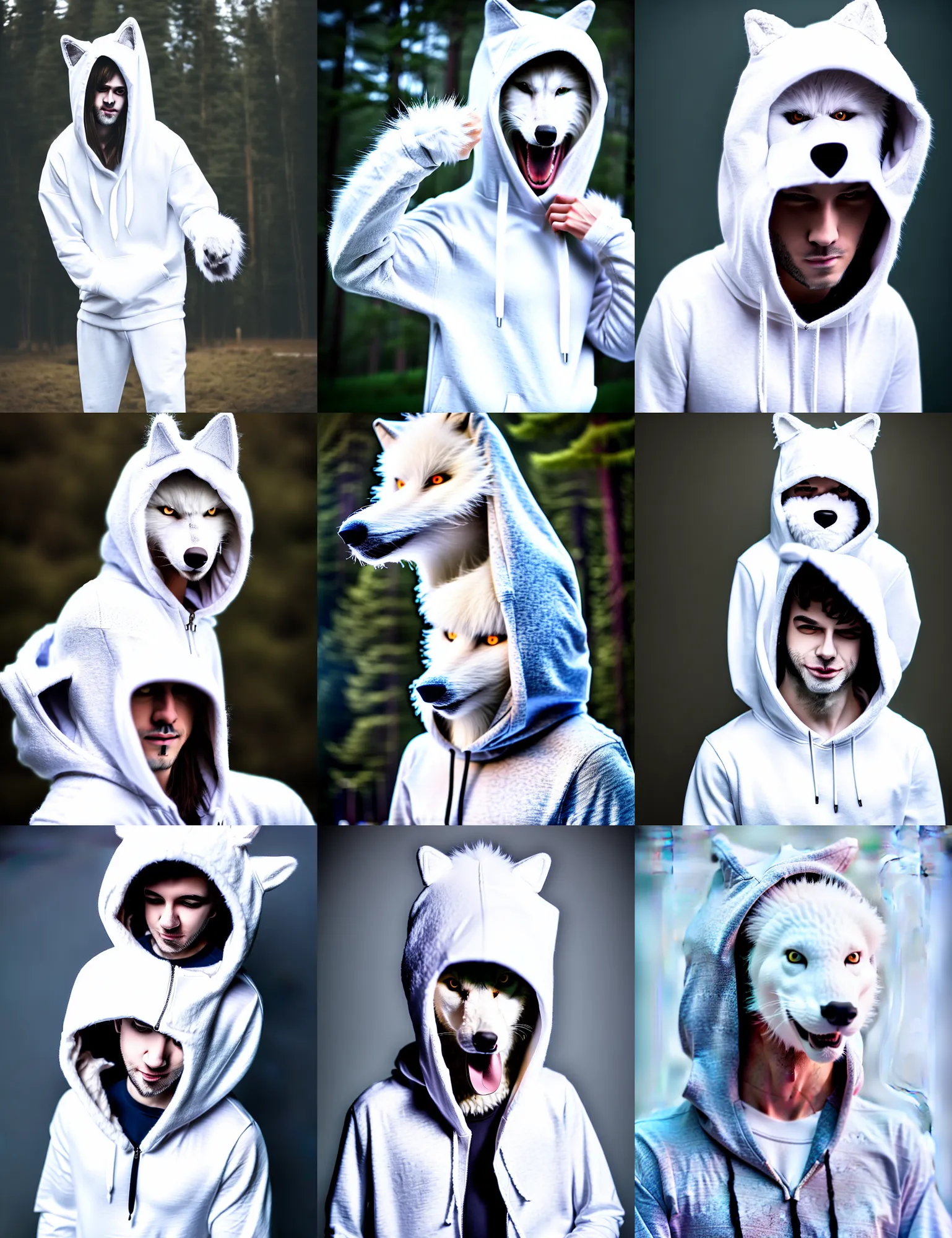 Prompt: photo of cute male anthropomorphic white wolf furry wearing a hoodie