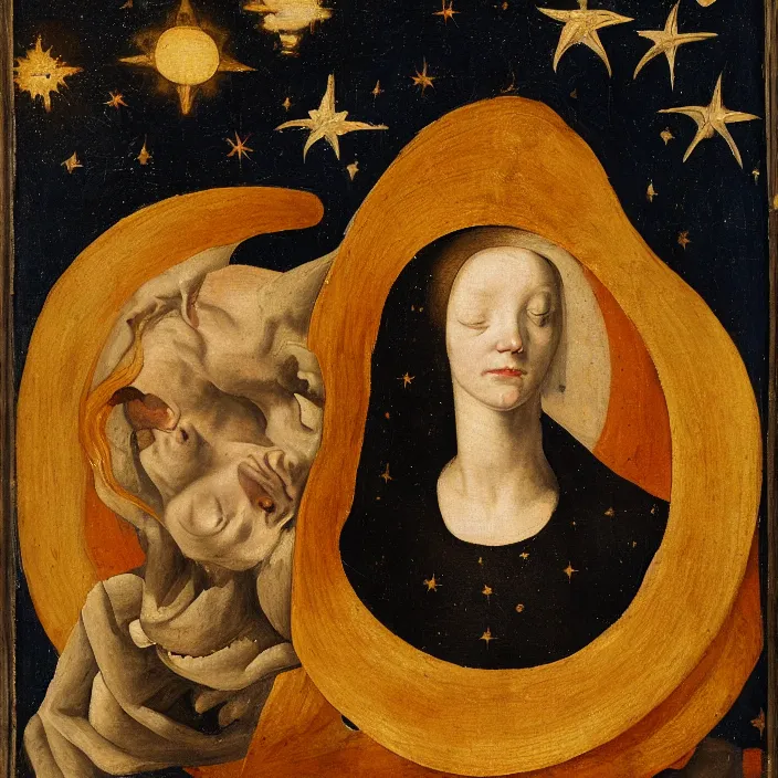 Prompt: a woman trapped in a star, early netherlandish painting