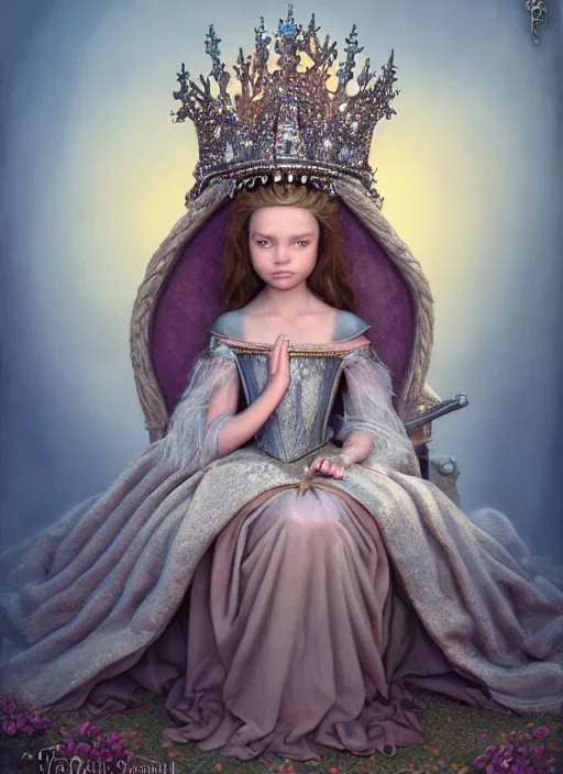 Image similar to highly detailed closeup portrait of a fairytale medieval princess wearing a crown and sitting on a throne, unreal engine, low - poly hands, nicoletta ceccoli, mark ryden, earl norem, lostfish, global illumination, god rays, detailed and intricate environment