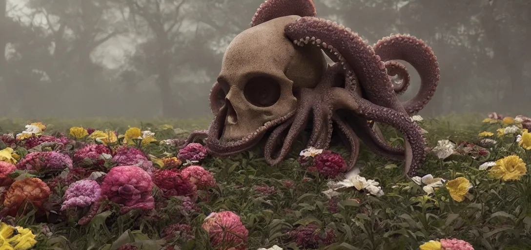 Prompt: an octopus in the shape of a skull surrounded by flowers at early dawn, foggy, cinematic shot, photo still from movie by denis villeneuve, wayne barlowe