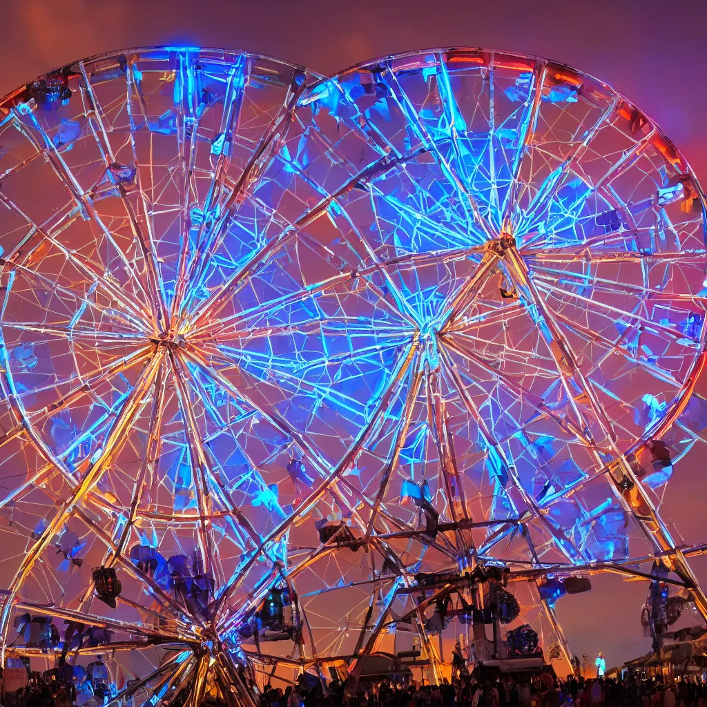 Prompt: Four-dimensional Ferris Wheel, space carnival, concept art, trending on Artstation, high definition, dramatic contrast, 8K, detailed, light bloom bokeh, blue hour