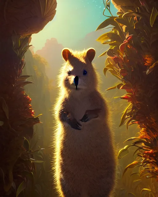 Image similar to highly detailed surreal vfx portrait of a sacred quokka, stephen bliss, unreal engine, greg rutkowski, loish, rhads, beeple, makoto shinkai and lois van baarle, ilya kuvshinov, rossdraws, tom bagshaw, alphonse mucha, global illumination, detailed and intricate environment