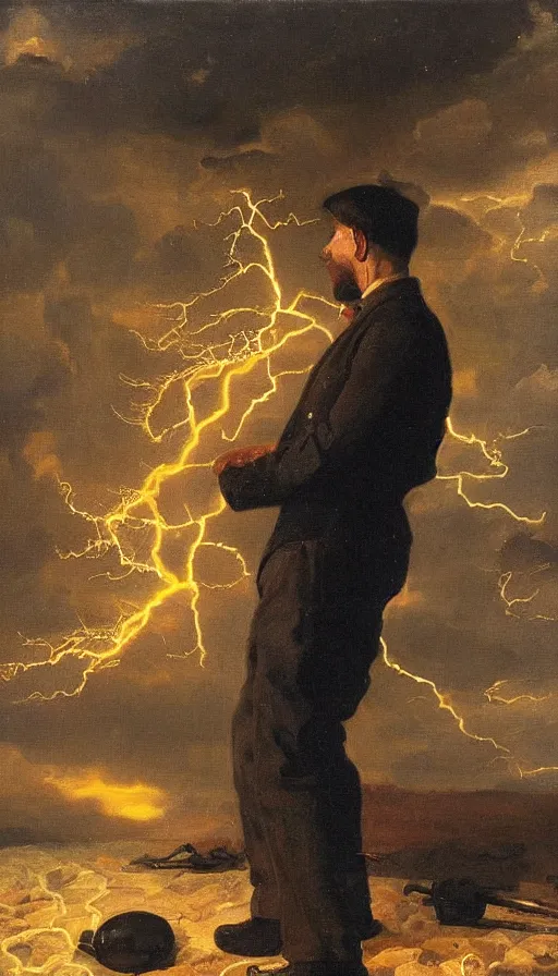 Image similar to still life painting of man getting struck by lightning, by Peder Krøyer, party, golden hour, dramatic lighting, epic, gargantuan, intricate detail, canvas print