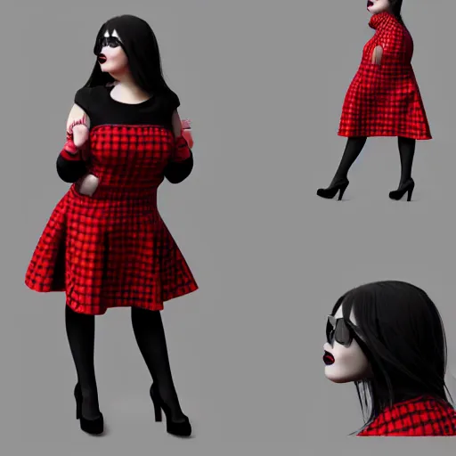 Image similar to curvy feminine hot goth cutie with sublime modest elegant checkered red-black leather dress, leather stockings, cgsociety, photorealistic, comfy ambience, idealistic, 16k, smooth, sharp focus, trending on ArtStation, volumetric lighting, fully clothed, worksafe