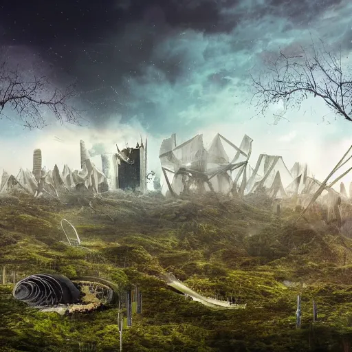 Image similar to future city covered by forest, trees, plant, broken buildings, doom of the gods, monster, gravity mess, star trek, glory war, photograph, cinematic matte painting, zaha hadid building, photo realism, desolate glacial landscape