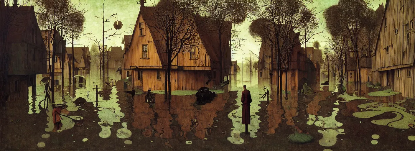 Prompt: flooded old wooden street, very coherent and colorful high contrast masterpiece by norman rockwell franz sedlacek hieronymus bosch dean ellis simon stalenhag rene magritte gediminas pranckevicius, dark shadows, sunny day, hard lighting, reference sheet white background