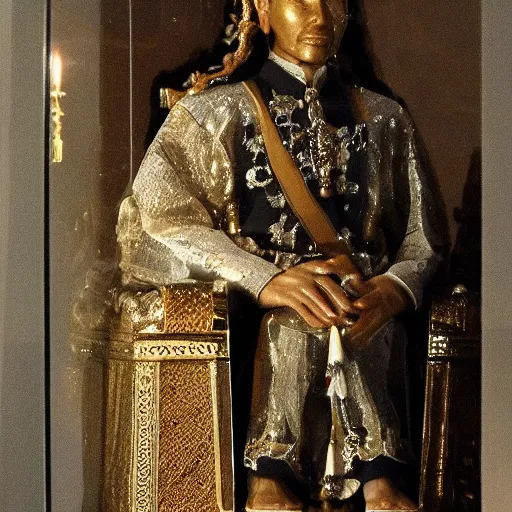 Prompt: a completely transparent glass cube in which the king's body has been perfectly preserved and very lifelike. he is dressed in all casual regal garments. his body is beautifully preserved without blemish or damage and the display is magnficent. the display is in the darkness of the catacombs and is beautifully lit, he has natural color and is posed in a relaxed way.