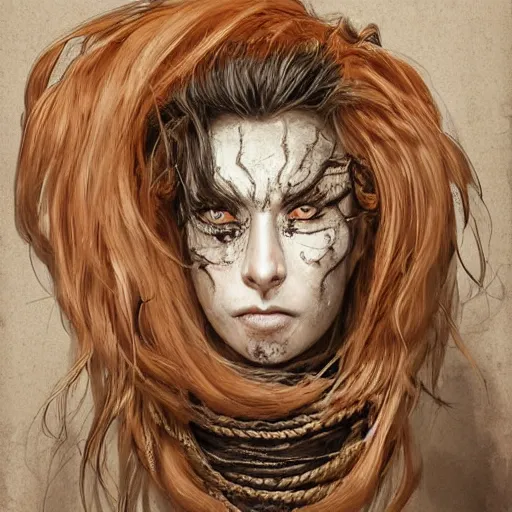 Image similar to portrait of a Shibari rope wrapped face and neck, headshot, insanely nice professional hair style, dramatic hair color, digital painting, of a old 15th century, old cyborg merchant, amber jewels, baroque, ornate clothing, scifi, realistic, hyperdetailed, chiaroscuro, concept art, art by Franz Hals and Jon Foster and Ayami Kojima and Amano and Karol Bak,