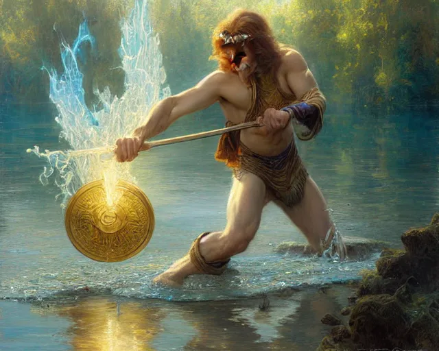 Image similar to attractive male wizard casting powerful water spell in a beautiful lake. highly detailed painting by gaston bussiere, craig mullins, j. c. leyendecker 8 k