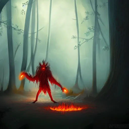 Image similar to fire magician fighting a monster in a misty forest, highly detailed, wlop style, artstation, soft light, sharp focus, illustration