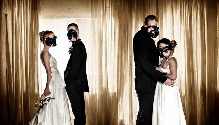 Image similar to disturbing big budget hollywood movie bride and groom wearing gas masks at the marriage of reason and squalor perfect composition dramatic lighting chiaroscuro