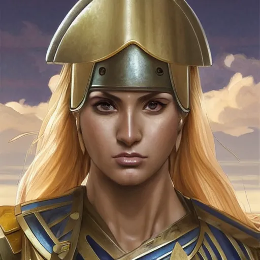 Image similar to character concept portrait of tsunade as an ancient greek soldier, tall, muscular, blonde, modestly clothed, on a battlefield, highly detailed, digital painting, artstation, concept art, symmetry, smooth, sharp focus, illustration, art by artgerm and greg rutkowski and alphonse mucha