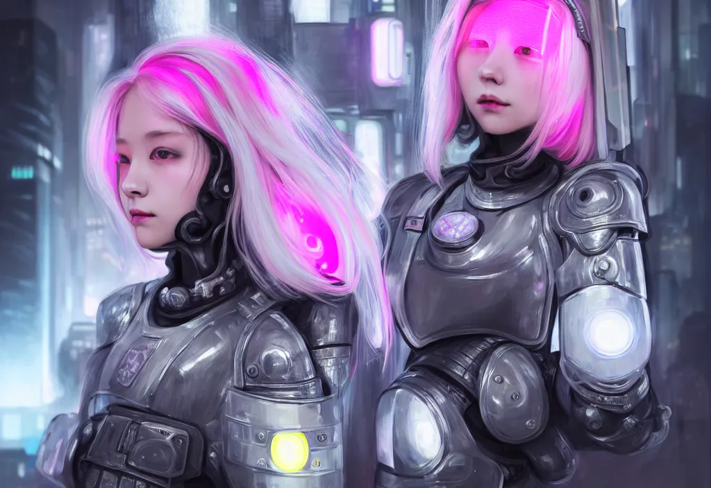 Image similar to portrait grey pink hair futuristic armor police girl, metallic black and little yellow color uniform, at cyberpunk lights shibuya japan reflected night, ssci - fi, neon light and fantasy, intricate and beautiful, highly detailed, cyber concept art, digital painitng, artstation, smooth and sharp focus, illustration, art by tian zi and wlop and alphonse mucha