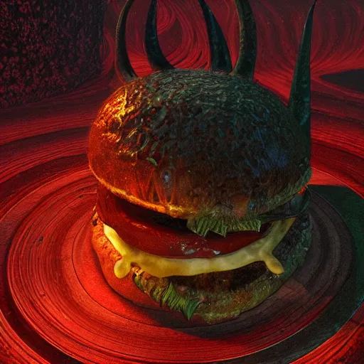 Image similar to photorealistic demonic cheeseburger in the style of michael whelan and gustave dore. hyperdetailed photorealism, 1 0 8 megapixels, amazing depth, glowing rich colors, powerful imagery, psychedelic overtones, 3 d finalrender, 3 d shading, cinematic lighting, artstation concept art