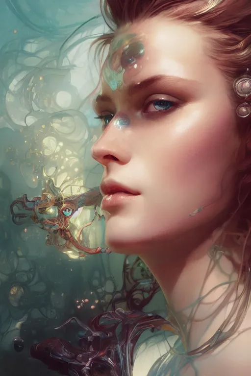 Prompt: face closeup of beautiful girl in intricate hyper detailed inkdrop in water, 3 d render, hyper realistic detailed portrait, scifi, fantasy, hyper detailed, octane render, concept art, by peter mohrbacher, by wlop, by ruan jia, by alphonse mucha