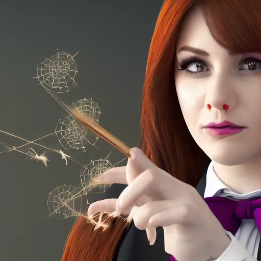 Prompt: A portrait of a female magician wearing a business suit and holding a wand, a cute 3d cgi young woman, full round face, light makeup, pale skin, medium shot, mid-shot, hyperdetailed, 8k, trending on artstation
