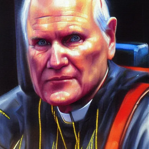 Image similar to john paul ii in cyberpunk 2 0 7 7, oil painting